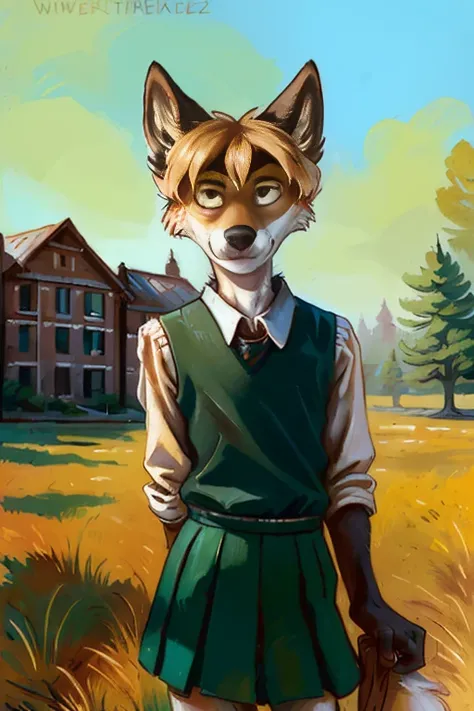 solo, wolf, male, slender, day, ((twink)), detailed, uploaded to e621, beautiful and detailed portrait of an anthropomorphic boy, (((male))), kenket, uploaded to e621, (girls school outfit), gym