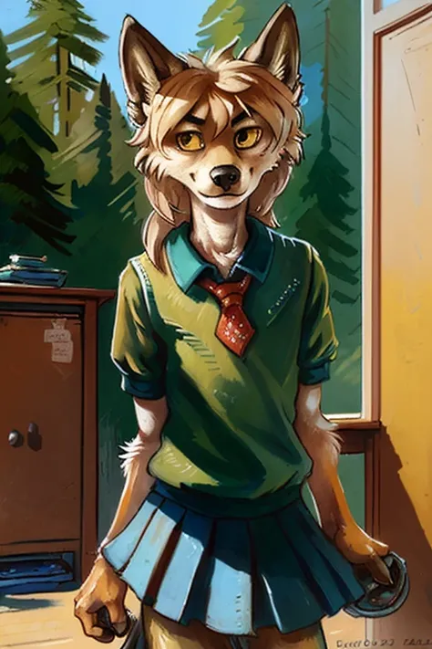 solo, wolf, male, slender, day, ((twink)), detailed, uploaded to e621, beautiful and detailed portrait of an anthropomorphic boy, (((male))), kenket, uploaded to e621, (girls school outfit), gym