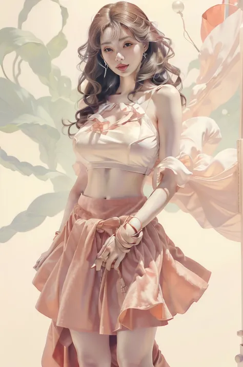 Woman((30year old)), hair((brown, long, straight)), hazel eyes, clothes((velvet, crop-top, long skirt)), accessories ((ribbon, earrings)), gigantic breast, big boobs, smiling, background,