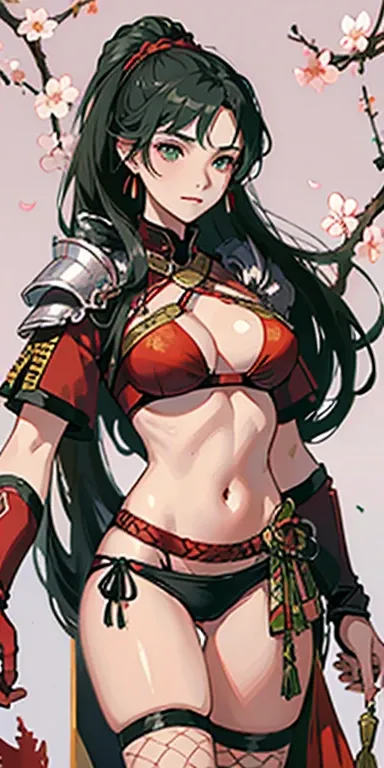 (masterpiece), best quality, expressive eyes, perfect face, ((crimson armor)), black hair, closed smile, athletic body, slim figure, lace bikini, pelvic curtain, exposed midriff, large breasts, cleavage, ((fishnets)), watercolor, sakura blossom background