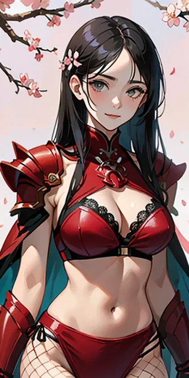 (masterpiece), best quality, expressive eyes, perfect face, ((crimson armor)), black hair, closed smile, athletic body, slim figure, lace bikini, pelvic curtain, exposed midriff, large breasts, cleavage, ((fishnets)), watercolor, sakura blossom background