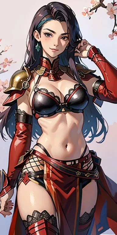 (masterpiece), best quality, expressive eyes, perfect face, ((crimson armor)), black hair, closed smile, athletic body, slim figure, lace bikini, pelvic curtain, exposed midriff, large breasts, cleavage, ((fishnets)), watercolor, sakura blossom background