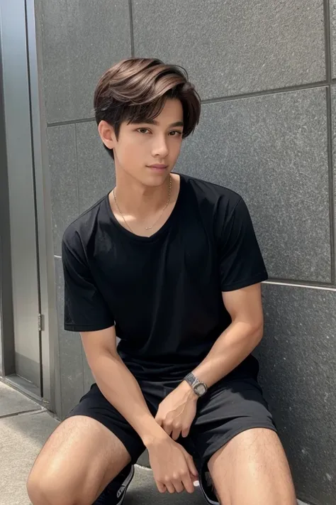 A teenage boy with dark red hair, wearing black t-shirt, full body Up to the knees