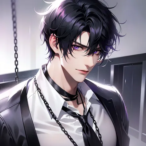 1boy, solo, short hair, black hair, side swept bangs, purple eyes, fashionable, (mature male, mature:1.2), (pixiv:1.4), handsome, hair between eyes, sharp eyes, male focus, high quality, vibrant, pinstripe dress shirt, athletic build, chain necklace