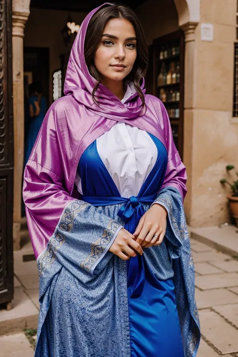 Instagram-Models posieren in Fes, in colorful kaftan hoodie, full entire body, beautiful detailed eyes, beautifully detailed lips, extremely detailed eyes and face, kurzes, welliges rosa Haar ((best qulaity)), ((Meisterwerk)), (detailliert), perfektes Gesi...