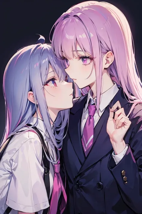 A navy haired man with long hair and silver eyes is kissing a pink haired man with violet eyes