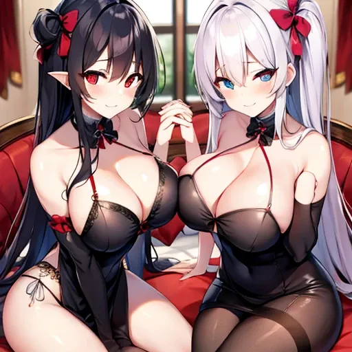 Succubus(twins)　pose of temptation　erotic body　　attractive face　　heart mark　cute smile　　　charm magic　sit on the bed and pose　　big boobs　sweets room background　pose holding hands　pose while sitting on the sofa　