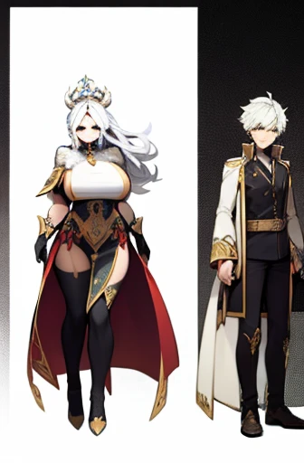 whilst exploring a snow covered forest, two people notice you, one is a proud, tall, cute, sexy, young queen, with white hair and small white horns, grey eyes, a white goat tail, wearing black metallic gilded armor, looks at you in sadness and joy, she cle...