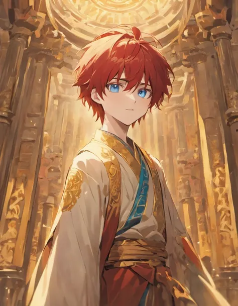 Guy 20 years old, Red hair, blue eyes, looks into the frame, inside a temple with columns, very detailed background, shades of gold, Sun, sunlight, guy in cotton clothes