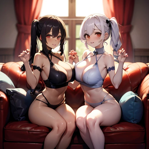 Succubus(twins)　pose of temptation　erotic body　　attractive face　　heart mark　cute smile　　　charm magic　sit on the bed and pose　　big boobs　sweets room background　pose holding hands　pose while sitting on the sofa　