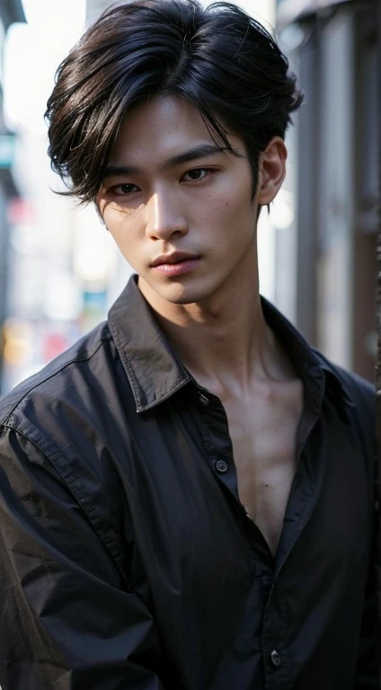 ((High quality)), ((masterpiece)), ((highly detailed)), perfect face, ((realistic)), ((man)), Asian)), black hair, comma hair style, black shirt, street, ((handsome)), detailed eyes, beautiful detailed nose, realistic body, realistic light, comfortable exp...