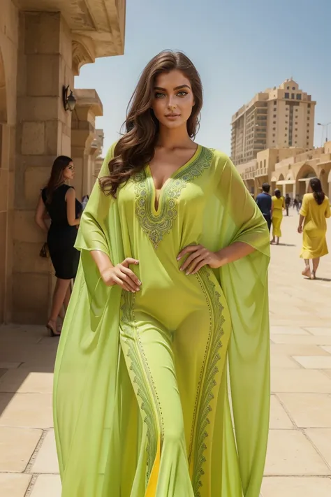 Instagram-Models posieren in corniche of Casablanca, in green and yellow futuristic kaftan, full entire body, beautiful detailed eyes, beautifully detailed lips, extremely detailed eyes and face, kurzes, welliges rosa Haar ((best qulaity)), ((Meisterwerk))...