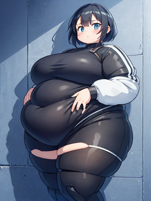 Massively Obese secret agent girl, fat rolls, short hair, (bodysuit):1.3, obese belly, (crawling):1.3, cute, pudgy, immobile, blob, extremely chubby, BREAK plain metal wall background