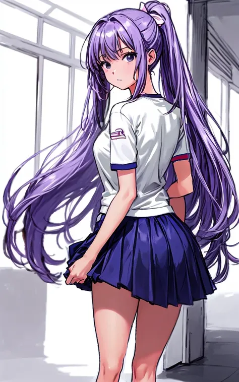 A beautiful woman with long wisteria purple hair in a ponytail that reaches to her shoulders and a light pink ribbon in the back, and a sharp face and beautiful legs, is wearing a white gym uniform.、I&#39;m standing in the school hallway wearing dark blue ...