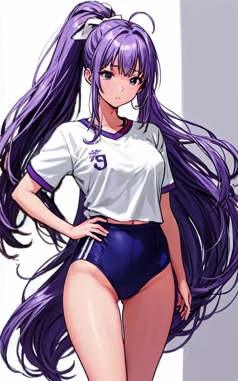 A beautiful woman with long wisteria purple hair in a ponytail that reaches to her shoulders and a light pink ribbon in the back, a sharp face and beautiful legs, is wearing a white gym uniform.、I&#39;m standing in the school hallway wearing dark blue bloo...