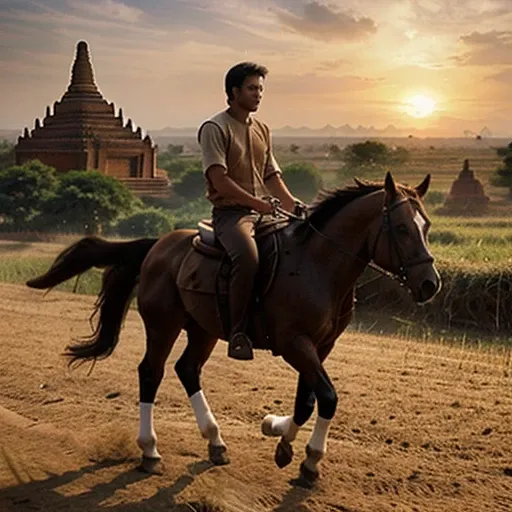 Sketch 3d photo .
He has  so smart body structure and hair.Riding a horse at Bagan back ground.Time is sunraise