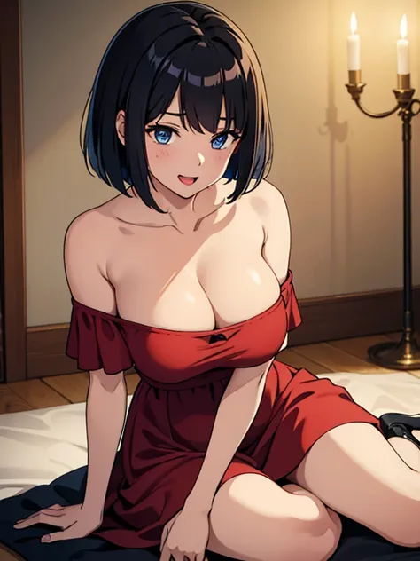 ((best quality)), ((masterpiece)), (detailed), perfect face, 1 girl, solo, teenager, black hair, bob cut, bob hair, blue eyes, smile, flamenco dress, off the shoulder dress, red dress, a longer body, teenager, bare shoulders, large chest, sexy sitting pose...