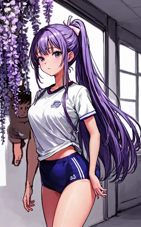 A beautiful woman with long wisteria purple hair in a ponytail that reaches to her shoulders and a light pink ribbon in the back, and a sharp face and beautiful legs, is wearing a white gym uniform.、I&#39;m standing in the school hallway wearing dark blue ...