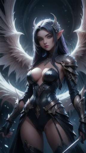 (Obra de arte), (altamente qualidade), (altamente detalhado), fechar-se, uma mulher com chifres e uma espada em frente a uma fogueira, arte sexy em estilo de fantasia sombria, detalhada fantasia arte sexy, demon anime girl, Vilania tem asas de anjo escuro,...