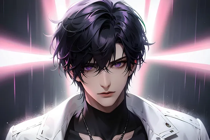 1 boy, solo, short hair, black hair, swept bangs, purple eyes, (mature male, mature:1.2), (pixiv:1.4), handsome, beautiful, sharp eyes, male focus, high quality, masterpiece, white turtleneck, black coat, toned body, facing camera, simple background