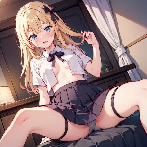 girl looks embarrassed over her skirt　blonde　shyness　Sweat　wet　sticking　underwear　garter　Erotic　Estrus　Drool　side　Stuffy　Skirt flip　Obscene lines　transformation　Pink Mesh　string bread　ribbon　Bedroom　spread legs　no bra