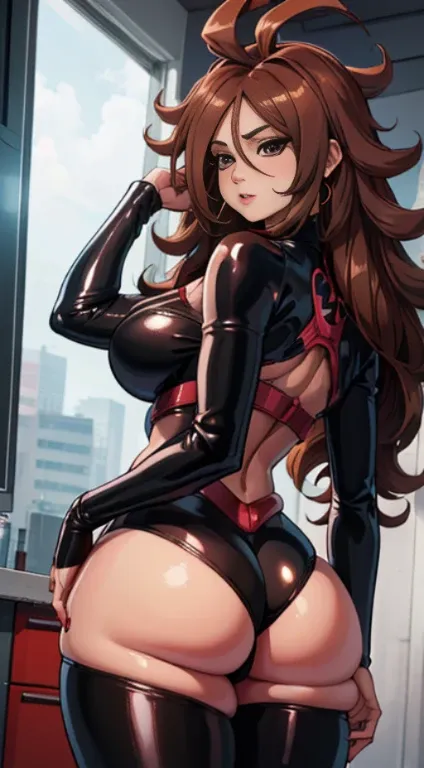 (best quality:1.3), Android 21, ), peituda, clivagem, (brown hair), (long hair) sedutora, rosto sexy,   curvy, bunda grande, (latex)