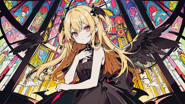 (1 girl, blonde hair, black sundress, black wings, kawaii), (church, cross, stained glass), (low contrast, flat color, limited palette)