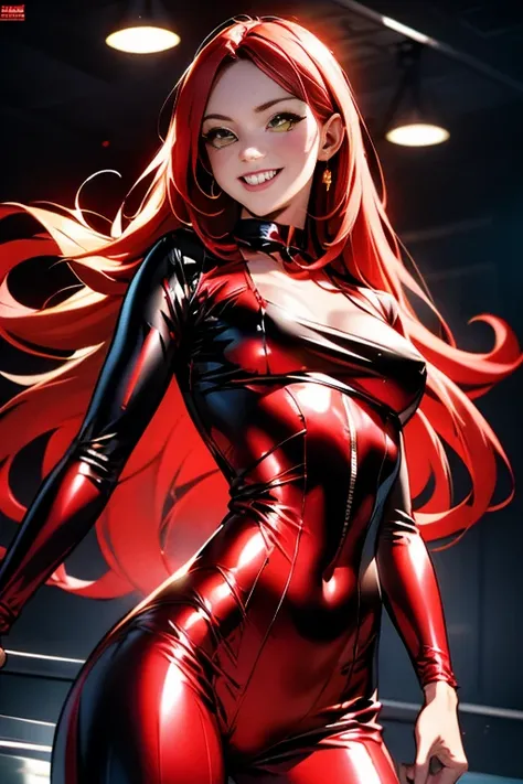 sexy beautiful, girl long red hair, green eyes, pale ivory skin, long crimson red hair, playful grin, wearing black and red skin tight superhero costume, jumpsuit, shiny vinyl, digital illustration