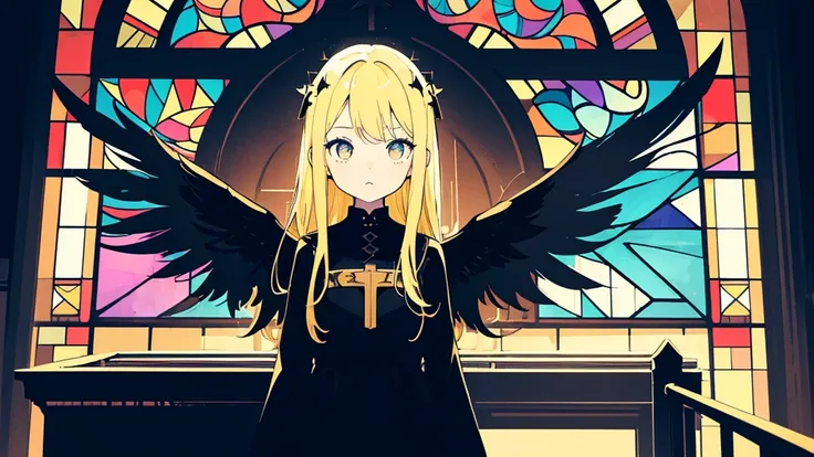 (1 girl, blonde hair, black sundress, black wings, kawaii), (church, cross, shining blue stained glass), (low contrast, flat color, limited palette)