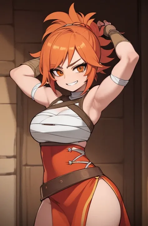 Obra maestra, la mejor calidad, manos bien detalladas, Imagen 4k,HD,, anime style of a girl with short spiky orange hair in medieval battle costume is muscular and her arms are wrapped in bandage and she has a sadistic smile 