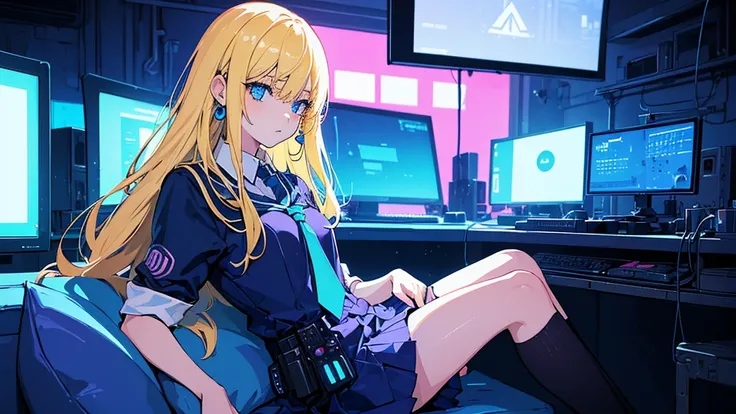 (1 girl, blonde hair, blue eyes, slovenly school uniform, lots of earrings, sitting on the sofa, kawaii), (blue cyberpunk, old cyberpunk building, room with many monitors, blue neon), (low contrast, flat color, limited palette)