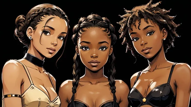 There are 3 black girls, black girl number 1 is wearing goddess braids in a bun up, black girl number 2 is wearing goddess braids down, theres a black girl who has a hijab, theres another black girl with a natural small afro. Theres a tan girl who has stra...