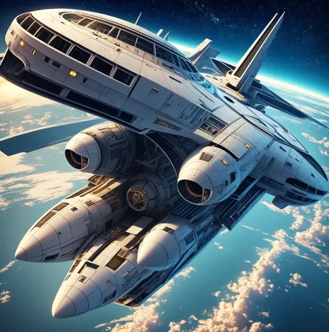 space ship，A future full of technology，complex symmetrical structure，Ultra-detailed graphics，shiny，（The spaceship has a strong metallic luster：1.3），Cockpit appearance，write up and close up，silver sound，streamline，space scene：1.3，（Earth background：1.3），Rend...