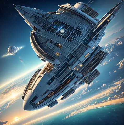 space ship，A future full of technology，complex symmetrical structure，Ultra-detailed graphics，shiny，（The spaceship has a strong metallic luster：1.3），Cockpit appearance，write up and close up，silver sound，streamline，space scene：1.3，（Earth background：1.3），Rend...