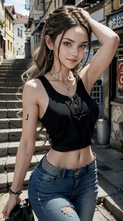 22 year old white female、Hair color is brunette、blue eyes、long hair、The ends of the hair are wavy、accessories on wrist、wearing a necklace、has earrings、skin is smooth、Slender but muscular body、smile、Wearing a sleeveless black high-neck zipper-up top、wearing...