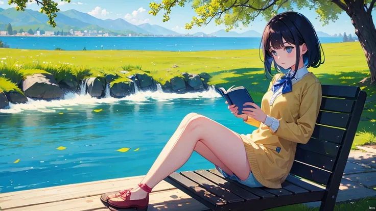 Girl reading a book by the lake, bright colors, spring, willow branches, where comfort, warm sunshine