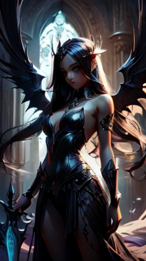 (Obra de arte), (altamente qualidade), (altamente detalhado), fechar-se, uma mulher com chifres e uma espada em frente a uma fogueira, arte sexy em estilo de fantasia sombria, detalhada fantasia arte sexy, demon anime girl, Vilania tem asas de anjo escuro,...