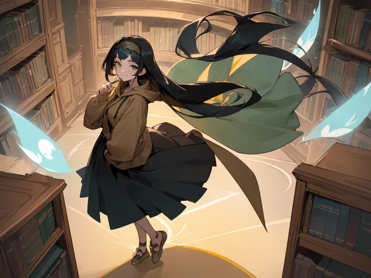 ((Best quality))1 girl, High, graceful, standing straight, looks at the viewer ,black hair, long hair, hair headband, Beautiful face, nose, smile, ears, green eyes, brown hoodie, long dark blue skirt, low shoes, ring on a finger, the library, bookcase, Ela...