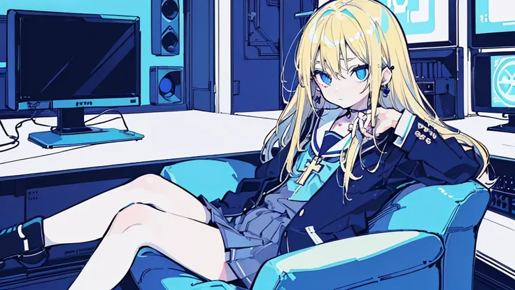 (1 girl, blonde hair, blue eyes, slovenly school uniform, lots of earrings, sitting cross-legged on the sofa, kawaii), (blue cyberpunk, old room with lots of monitors, blue neon), (low contrast, flat color, limited palette)