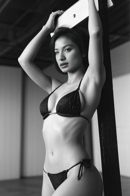 woman in stocks pose, body Micro bikini, (b&w, Monochromatic, Film Photography:1.3), Photorealistic, Hyperrealistic, Hyperdetailed, film noir, analog style, hip cocked, demure, low cut, soft lighting, subsurface scattering, realistic, heavy shadow, masterp...