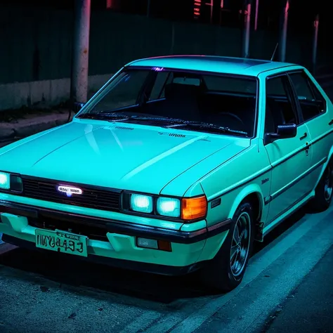 80’ Toyota corolla,low down wide body, Blue LED strip illuminates the entire car body line。, night city background, motion blur, Close-up of a car with glowing blue stripes on the hood, tron, Shining neon bra, cyan headlights, black and cyan color scheme, ...