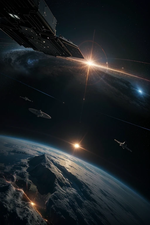 (masterpiece), best quality, 8k, hard definition, Space, A spacecraft orbits the Earth while small ships descend on the planet and attack the surface with lasers