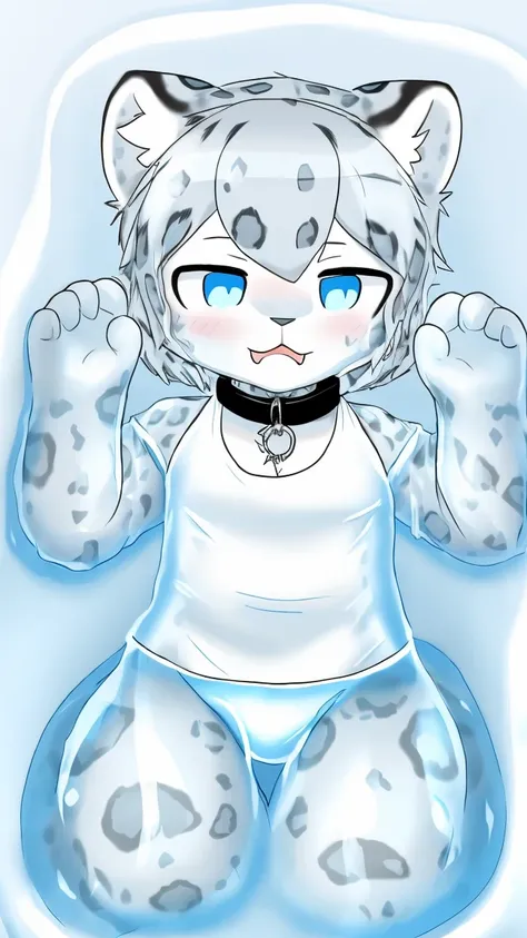 A male snow leopard cub lies in 银色slime，Wearing white boxers，covered in silver slime，silver slime，snow leopard，collar，Thighs covered with mucuall into，trapped，