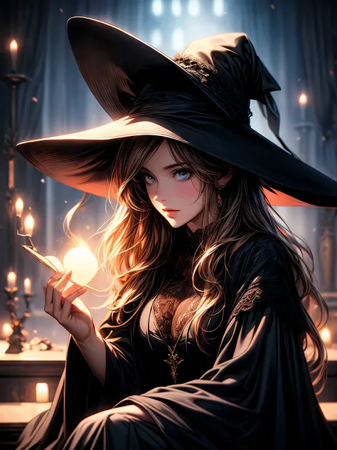 tall, mysterious girl, wide brimmed hat, lace minidress, black cloak, sitting, casting a spell, cauldron, AR 9:16, stylize 950, Niji, (best quality:1.2), ultra-detailed, realistic:1.37, HDR, UHD, studio lighting, bokeh, portraits, vivid colors, cool tones,...