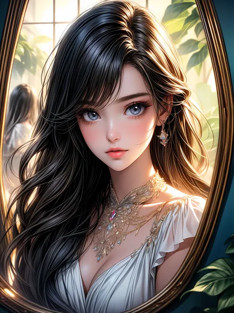 In a dreamy flat illustration, the masterpiece:1.2 depicts an overhead shot of a girl sitting in front of a mirror. The scene is bathed in the warm sunlight, creating a bokeh light effect that adds an ethereal touch. The girl, with her black hair cascading...