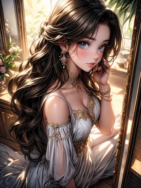 In a dreamy flat illustration, the masterpiece:1.2 depicts an overhead shot of a girl sitting in front of a mirror. The scene is bathed in the warm sunlight, creating a bokeh light effect that adds an ethereal touch. The girl, with her black hair cascading...