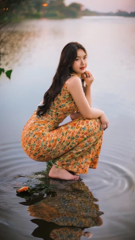 Kneeling in a lotus pond, lots and lots of lotus flowers, art depicts a charming woman in a flowing, Myanmar Outfit in pink, decorated with intricate patterns and bright colors. Her dress drapes elegantly over her curvy figure, accentuating her seductive s...