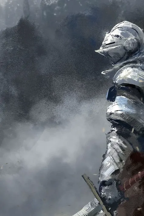 Un primer plano de un hombre con armadura sosteniendo una espada, Arte conceptual de Dark Souls, Arte conceptual de Darksouls, pintura de un caballero, Arte conceptual de un guerrero, Guerrero blindado, Fallen Knight, Caballero blindado, Armadura de color ...