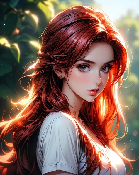 a close up of a woman with red hair and a white shirt, amouranth, alena aenami and artgerm, better known as amouranth, 🌺 cgsociety, ig model | artgerm, 8k artgerm bokeh, sakimichan frank franzzeta, style artgerm, fanart, ross tran style