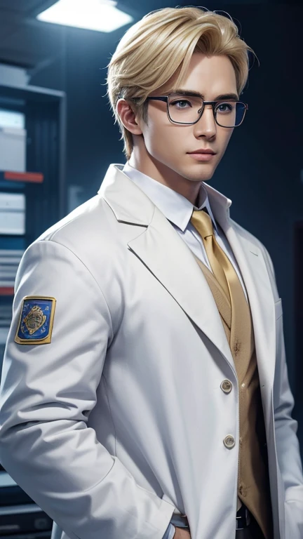 blonde、handsome hero with glasses、white coat worn by scientists、alone、There are also researchers、There are scientists、graduate school、Upper body、highest quality、masterpiece、ultra high resolution、(Photoreal:1.4)、game poster